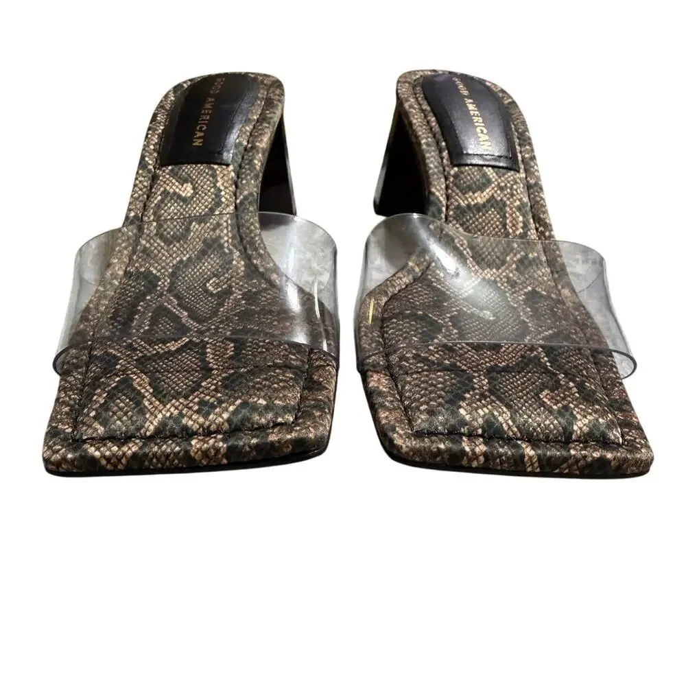 Good American Snake Print Clear Strap Block Heel Sandals Brown Size 6 Womens